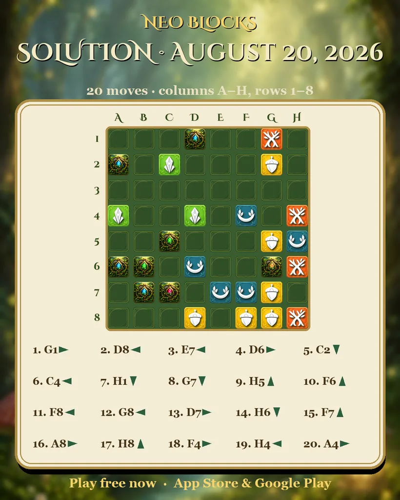 Solution of the NEO Blocks daily puzzle for August 20, 2026