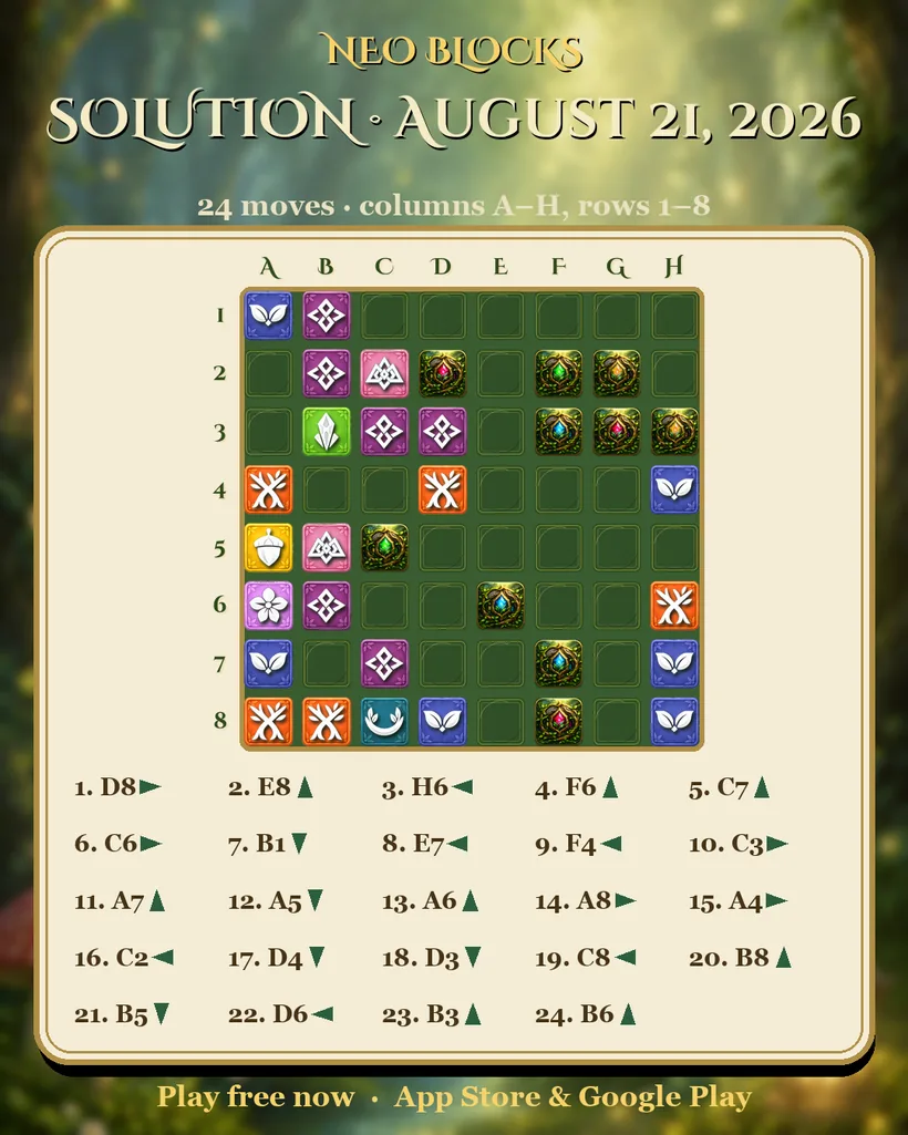 Solution of the NEO Blocks daily puzzle for August 21, 2026