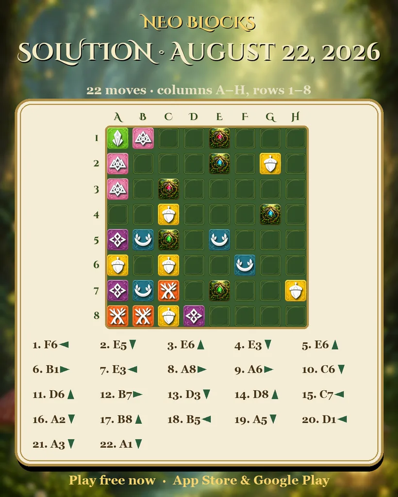 Solution of the NEO Blocks daily puzzle for August 22, 2026