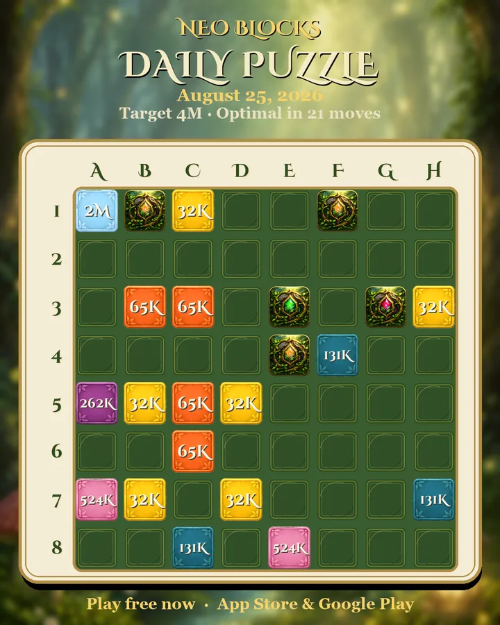 NEO Blocks daily puzzle for August 25, 2026