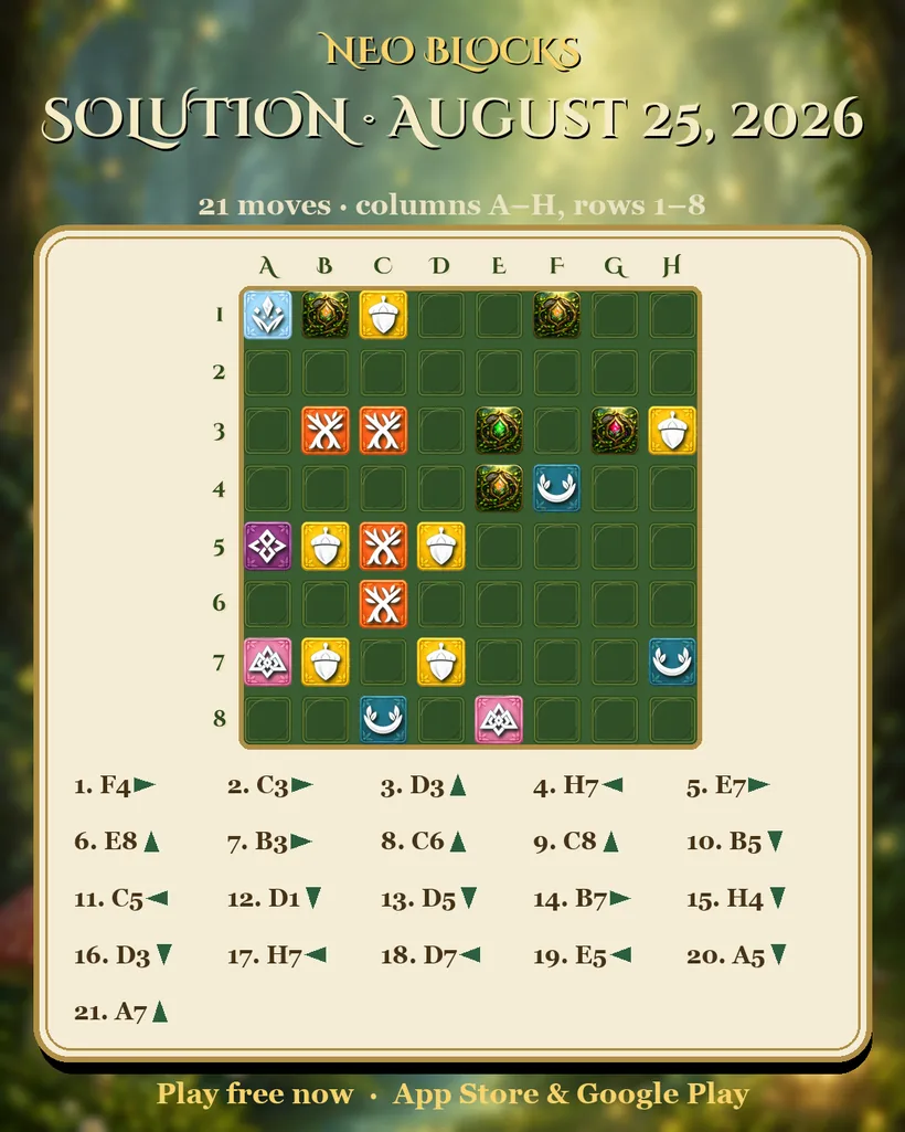 Solution of the NEO Blocks daily puzzle for August 25, 2026