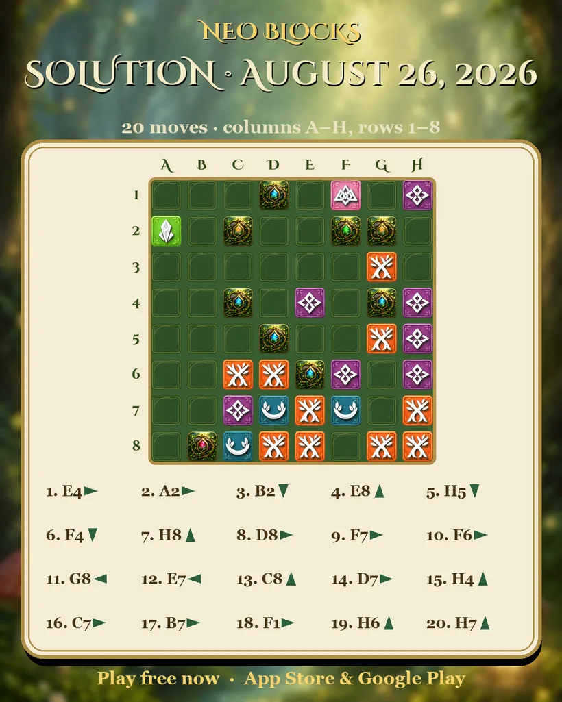 Solution of the NEO Blocks daily puzzle for August 26, 2026