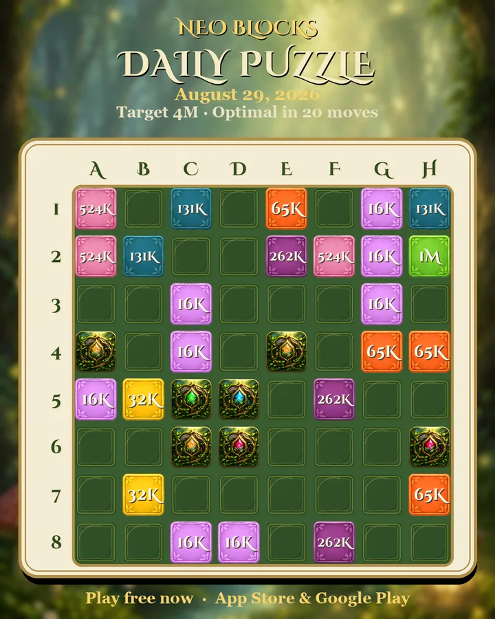 NEO Blocks daily puzzle for August 29, 2026