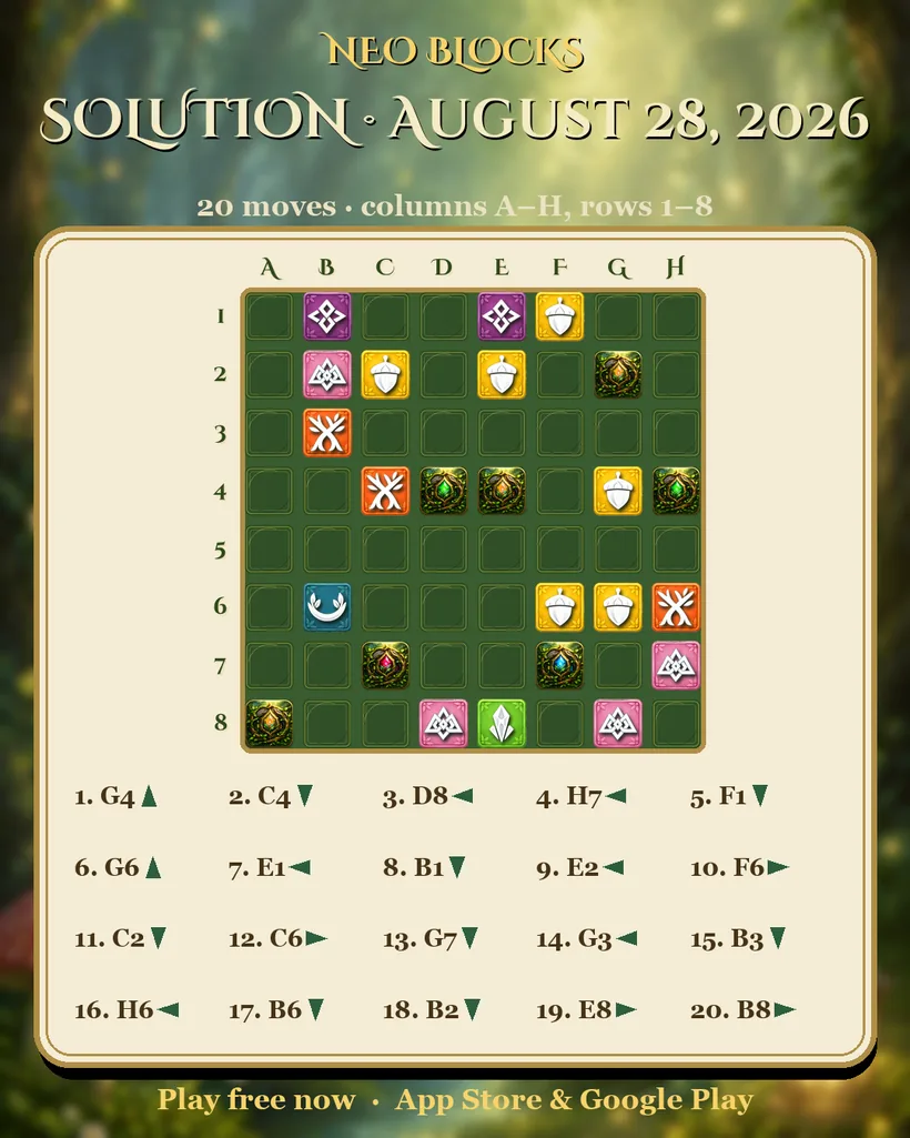 Solution of the NEO Blocks daily puzzle for August 28, 2026