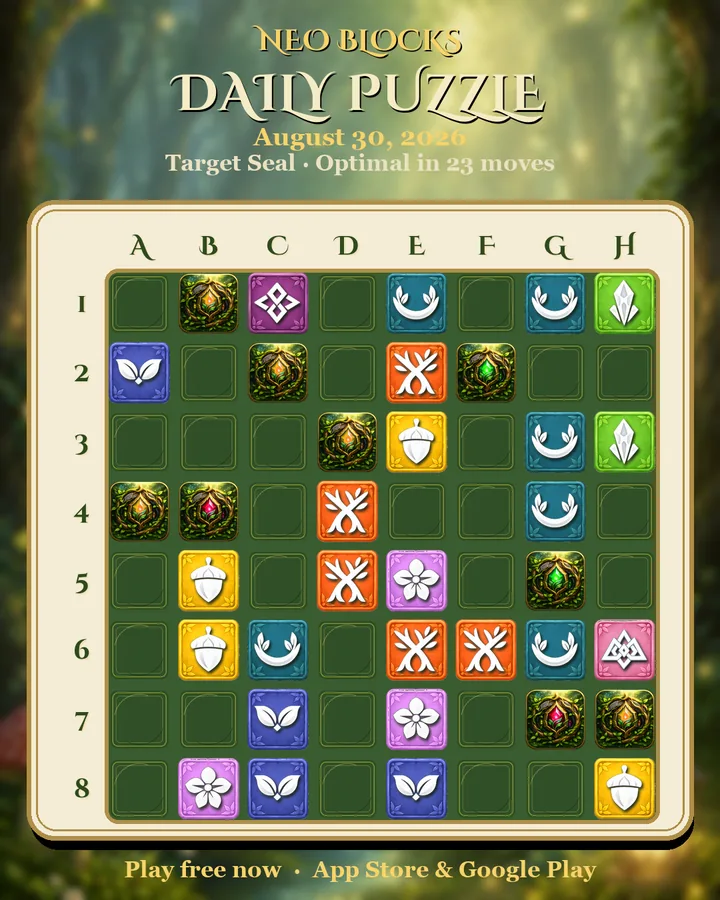 NEO Blocks daily puzzle for August 30, 2026