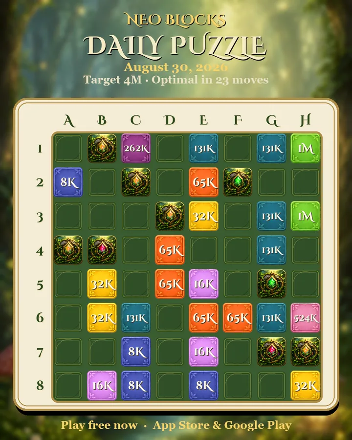 NEO Blocks daily puzzle for August 30, 2026