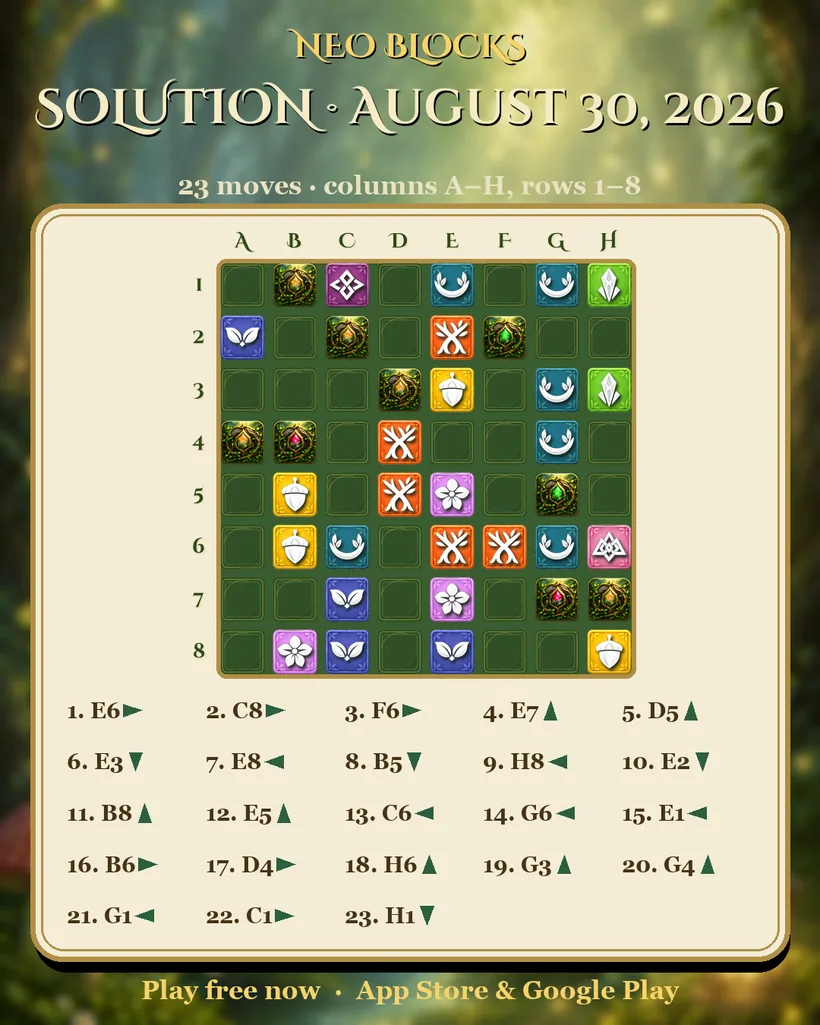 Solution of the NEO Blocks daily puzzle for August 30, 2026
