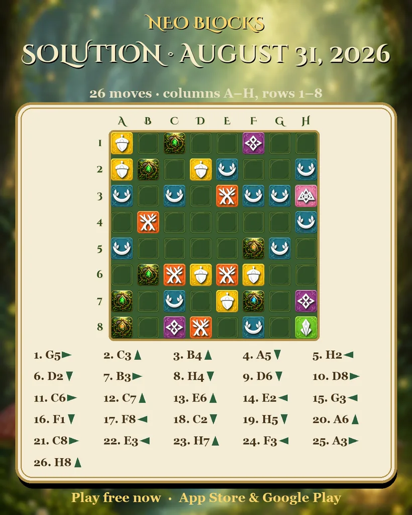 Solution of the NEO Blocks daily puzzle for August 31, 2026