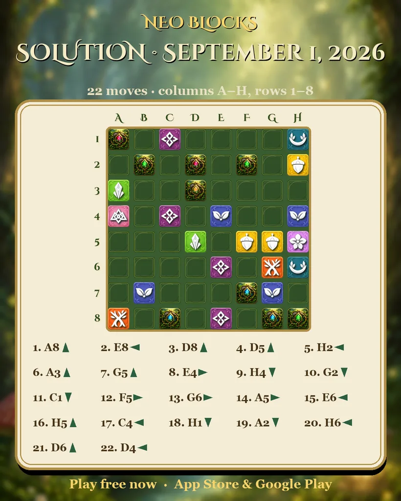 Solution of the NEO Blocks daily puzzle for September 1, 2026