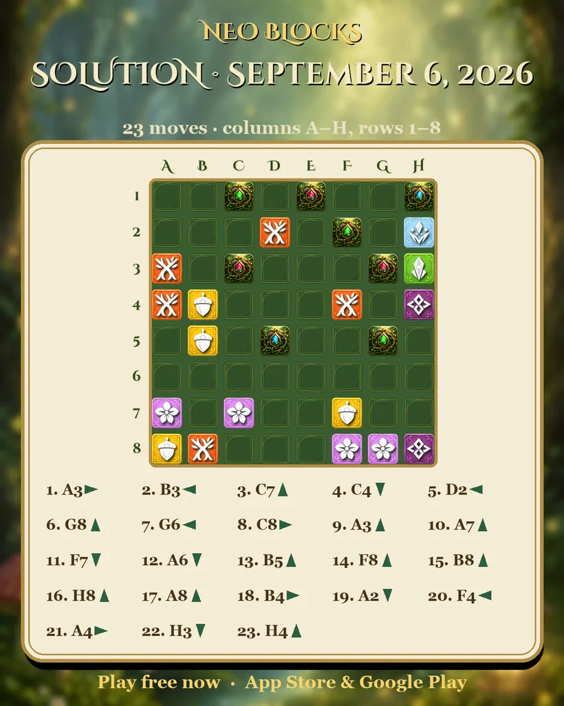 Solution of the NEO Blocks daily puzzle for September 6, 2026