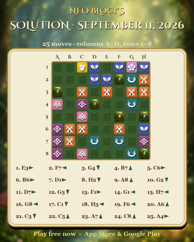 Solution of the NEO Blocks daily puzzle for September 11, 2026