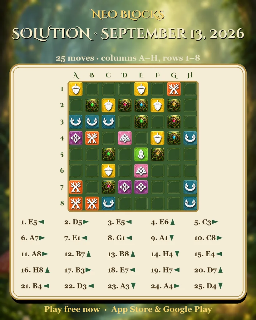 Solution of the NEO Blocks daily puzzle for September 13, 2026